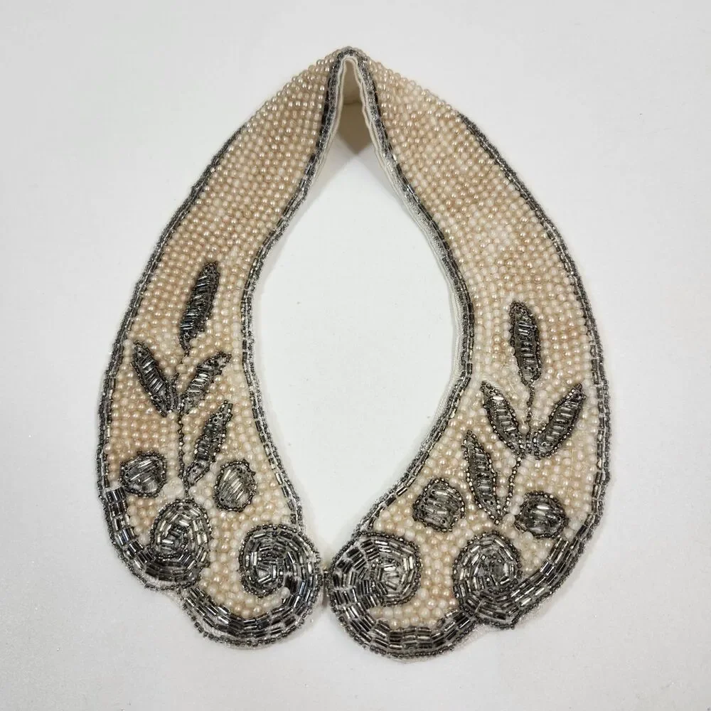 Hand Beaded Detachable Collar Faux Pearl Bugle Bead VTG 1950s Sweater Necklace